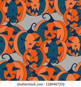Halloween Background. Seamless Pattern with Carved Pumpkins. Jack o Lantern Seamless Texture. Scaring Faces on Pumpkins