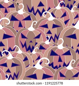 Halloween Background. Seamless Pattern with Carved Pumpkins. Jack o Lantern Seamless Texture. Scaring Faces on Pumpkins.