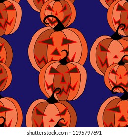 Halloween Background. Seamless Pattern with Carved Pumpkins. Jack o Lantern Seamless Texture. Scaring Faces on Pumpkins