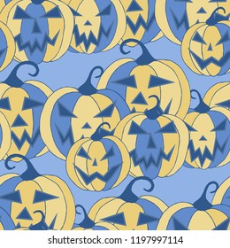 Halloween Background. Seamless Pattern with Carved Pumpkins. Jack o Lantern Seamless Texture. Scaring Faces on Pumpkins.