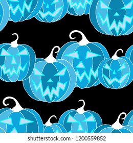 Halloween Background. Seamless Pattern with Carved Pumpkins. Jack o Lantern Seamless Texture. Scaring Faces on Pumpkins.