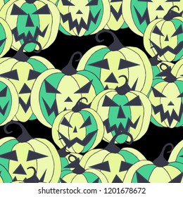 Halloween Background. Seamless Pattern with Carved Pumpkins. Jack o Lantern Seamless Texture. Scaring Faces on Pumpkins.
