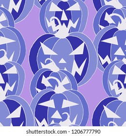 Halloween Background. Seamless Pattern with Carved Pumpkins. Jack o Lantern Seamless Texture. Scaring Faces on Pumpkins.