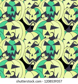 Halloween Background. Seamless Pattern with Carved Pumpkins. Jack o Lantern Seamless Texture. Scaring Faces on Pumpkins.