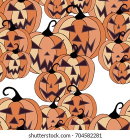 Halloween Background. Seamless Pattern with Carved Pumpkins. Jack o Lantern Seamless Texture. Scaring Faces on Pumpkins