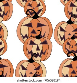Halloween Background. Seamless Pattern with Carved Pumpkins. Jack o Lantern Seamless Texture. Scaring Faces on Pumpkins