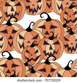 Halloween Background. Seamless Pattern with Carved Pumpkins. Jack o Lantern Seamless Texture. Scaring Faces on Pumpkins