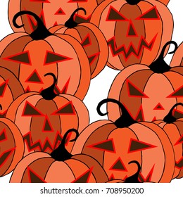 Halloween Background. Seamless Pattern with Carved Pumpkins. Jack o Lantern Seamless Texture. Scaring Faces on Pumpkins
