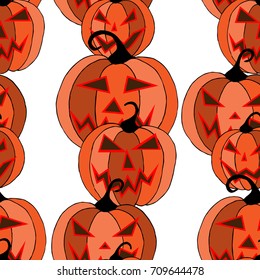 Halloween Background. Seamless Pattern with Carved Pumpkins. Jack o Lantern Seamless Texture. Scaring Faces on Pumpkins