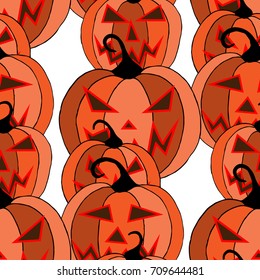 Halloween Background. Seamless Pattern with Carved Pumpkins. Jack o Lantern Seamless Texture. Scaring Faces on Pumpkins