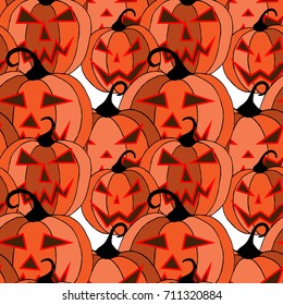 Halloween Background. Seamless Pattern with Carved Pumpkins. Jack o Lantern Seamless Texture. Scaring Faces on Pumpkins