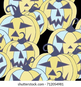 Halloween Background. Seamless Pattern with Carved Pumpkins. Jack o Lantern Seamless Texture. Scaring Faces on Pumpkins