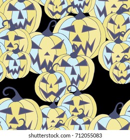Halloween Background. Seamless Pattern with Carved Pumpkins. Jack o Lantern Seamless Texture. Scaring Faces on Pumpkins