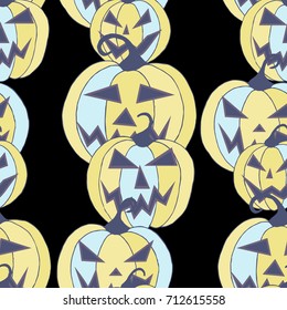 Halloween Background. Seamless Pattern with Carved Pumpkins. Jack o Lantern Seamless Texture. Scaring Faces on Pumpkins