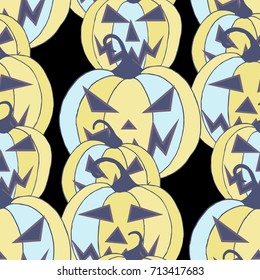 Halloween Background. Seamless Pattern with Carved Pumpkins. Jack o Lantern Seamless Texture. Scaring Faces on Pumpkins