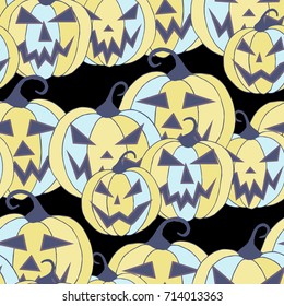 Halloween Background. Seamless Pattern with Carved Pumpkins. Jack o Lantern Seamless Texture. Scaring Faces on Pumpkins