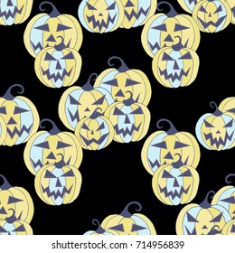 Halloween Background. Seamless Pattern with Carved Pumpkins. Jack o Lantern Seamless Texture. Scaring Faces on Pumpkins