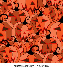 Halloween Background. Seamless Pattern with Carved Pumpkins. Jack o Lantern Seamless Texture. Scaring Faces on Pumpkins