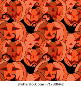 Halloween Background. Seamless Pattern with Carved Pumpkins. Jack o Lantern Seamless Texture. Scaring Faces on Pumpkins