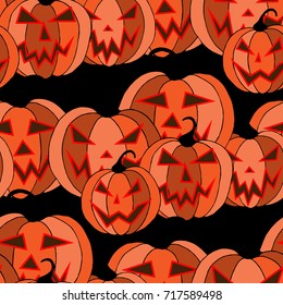 Halloween Background. Seamless Pattern with Carved Pumpkins. Jack o Lantern Seamless Texture. Scaring Faces on Pumpkins