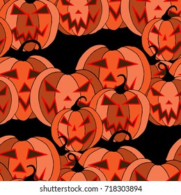 Halloween Background. Seamless Pattern with Carved Pumpkins. Jack o Lantern Seamless Texture. Scaring Faces on Pumpkins