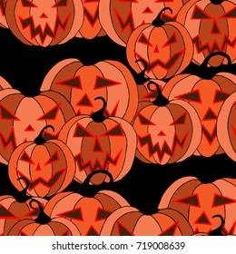 Halloween Background. Seamless Pattern with Carved Pumpkins. Jack o Lantern Seamless Texture. Scaring Faces on Pumpkins