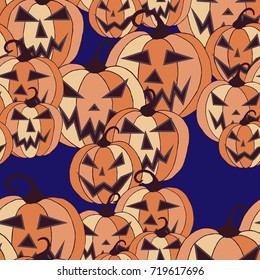 Halloween Background. Seamless Pattern with Carved Pumpkins. Jack o Lantern Seamless Texture. Scaring Faces on Pumpkins