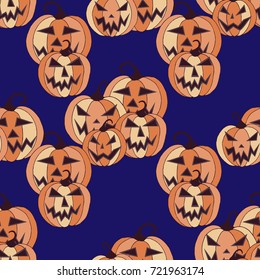 Halloween Background. Seamless Pattern with Carved Pumpkins. Jack o Lantern Seamless Texture. Scaring Faces on Pumpkins