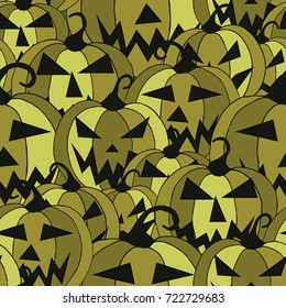 Halloween Background. Seamless Pattern with Carved Pumpkins. Jack o Lantern Seamless Texture. Scaring Faces on Pumpkins