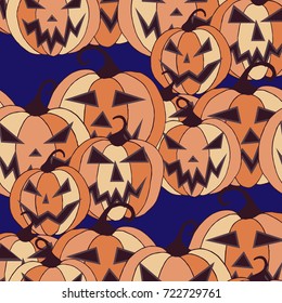Halloween Background. Seamless Pattern with Carved Pumpkins. Jack o Lantern Seamless Texture. Scaring Faces on Pumpkins