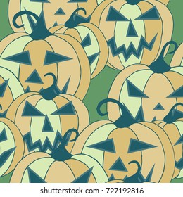 Halloween Background. Seamless Pattern with Carved Pumpkins. Jack o Lantern Seamless Texture. Scaring Faces on Pumpkins
