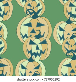 Halloween Background. Seamless Pattern with Carved Pumpkins. Jack o Lantern Seamless Texture. Scaring Faces on Pumpkins