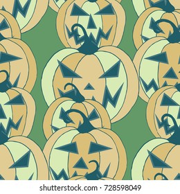 Halloween Background. Seamless Pattern with Carved Pumpkins. Jack o Lantern Seamless Texture. Scaring Faces on Pumpkins