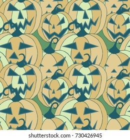 Halloween Background. Seamless Pattern with Carved Pumpkins. Jack o Lantern Seamless Texture. Scaring Faces on Pumpkins