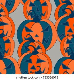 Halloween Background. Seamless Pattern with Carved Pumpkins. Jack o Lantern Seamless Texture. Scaring Faces on Pumpkins