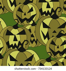 Halloween Background. Seamless Pattern with Carved Pumpkins. Jack o Lantern Seamless Texture. Scaring Faces on Pumpkins