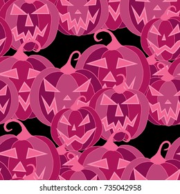 Halloween Background. Seamless Pattern with Carved Pumpkins. Jack o Lantern Seamless Texture. Scaring Faces on Pumpkins.