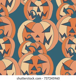 Halloween Background. Seamless Pattern with Carved Pumpkins. Jack o Lantern Seamless Texture. Scaring Faces on Pumpkins.