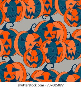 Halloween Background. Seamless Pattern with Carved Pumpkins. Jack o Lantern Seamless Texture. Scaring Faces on Pumpkins