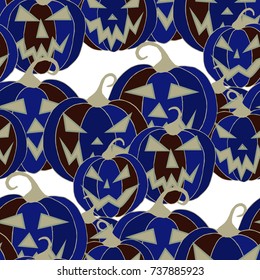 Halloween Background. Seamless Pattern with Carved Pumpkins. Jack o Lantern Seamless Texture. Scaring Faces on Pumpkins.