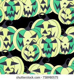 Halloween Background. Seamless Pattern with Carved Pumpkins. Jack o Lantern Seamless Texture. Scaring Faces on Pumpkins.