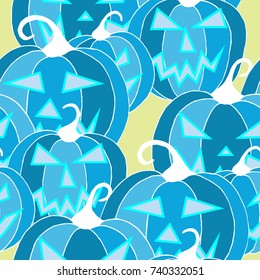 Halloween Background. Seamless Pattern with Carved Pumpkins. Jack o Lantern Seamless Texture. Scaring Faces on Pumpkins.
