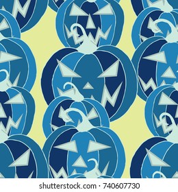 Halloween Background. Seamless Pattern with Carved Pumpkins. Jack o Lantern Seamless Texture. Scaring Faces on Pumpkins.