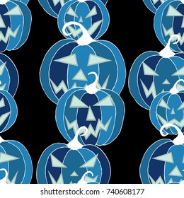 Halloween Background. Seamless Pattern with Carved Pumpkins. Jack o Lantern Seamless Texture. Scaring Faces on Pumpkins.
