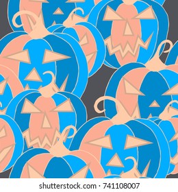 Halloween Background. Seamless Pattern with Carved Pumpkins. Jack o Lantern Seamless Texture. Scaring Faces on Pumpkins.