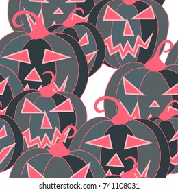 Halloween Background. Seamless Pattern with Carved Pumpkins. Jack o Lantern Seamless Texture. Scaring Faces on Pumpkins.