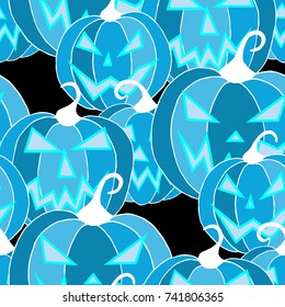Halloween Background. Seamless Pattern with Carved Pumpkins. Jack o Lantern Seamless Texture. Scaring Faces on Pumpkins.