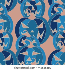 Halloween Background. Seamless Pattern with Carved Pumpkins. Jack o Lantern Seamless Texture. Scaring Faces on Pumpkins.