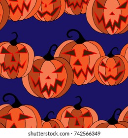 Halloween Background. Seamless Pattern with Carved Pumpkins. Jack o Lantern Seamless Texture. Scaring Faces on Pumpkins