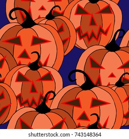 Halloween Background. Seamless Pattern with Carved Pumpkins. Jack o Lantern Seamless Texture. Scaring Faces on Pumpkins